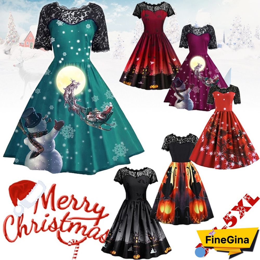 Plus Size Fashion Women Pumpkin Snowflake Print Dress Short Sleeve Lace Dress Christmas Halloween Costume Knee Length Party Dresses