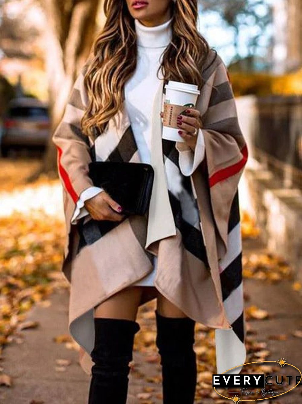 Split Sleeve Tartan Knee-Length Coat P15435
