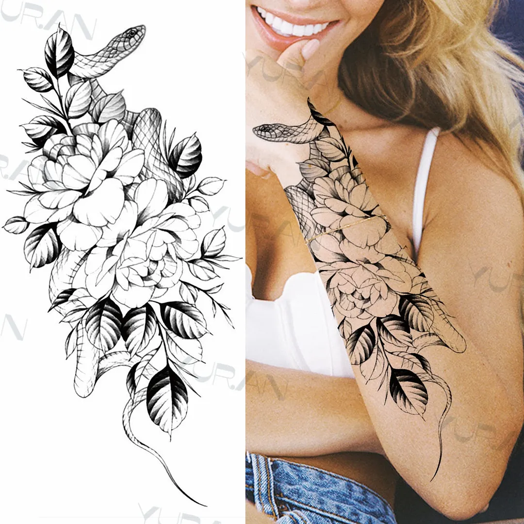 Black Large Snake Flower Fake Tattoo Sticker For Women Dot Rose Peony Temporary Tattoos DIY Water Transfer Tatoos Girls 530