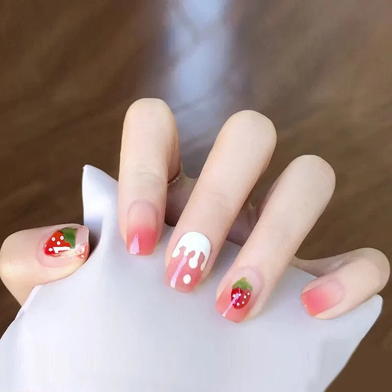 24pcs/box Fake Nails With Glue Yellow Flower Printed Type Short Paragraph Fashion Manicure Press On False Nails Gifts For Girls-Nail Inspo