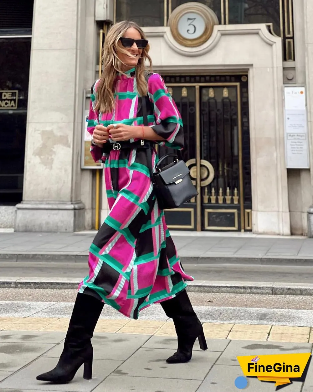 Sleeve Print Waist A-shaped Dress Plus Size Ladies Dress