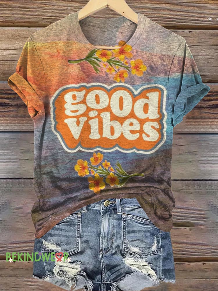 Good Vibes Printed Casual Crew Neck Short Sleeve T-Shirt Multicolor / S