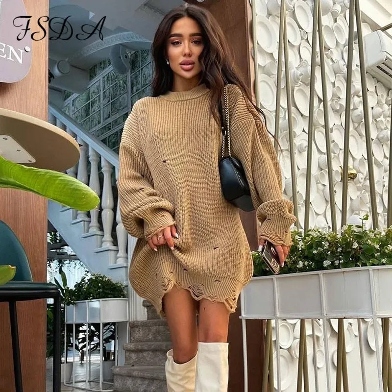 FSDA O Neck 2021 Green Sweater Dress Women Knitted Long Sleeve Autumn Winter Y2K Oversized Mini Elegant Dresses Party Sexy