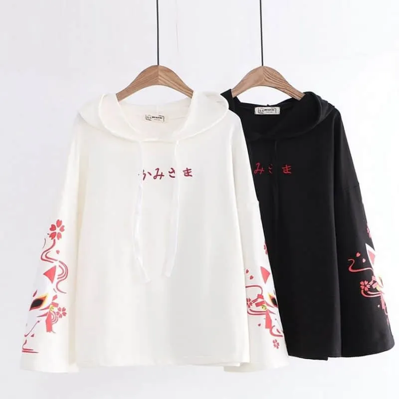 NiceMix Girl Loose Hooded Long sleeve Sweatshirt Harajuku Kawaii Vintage Fushimi Inari Shrine Fox Printed Hoodies Leisure Pullov