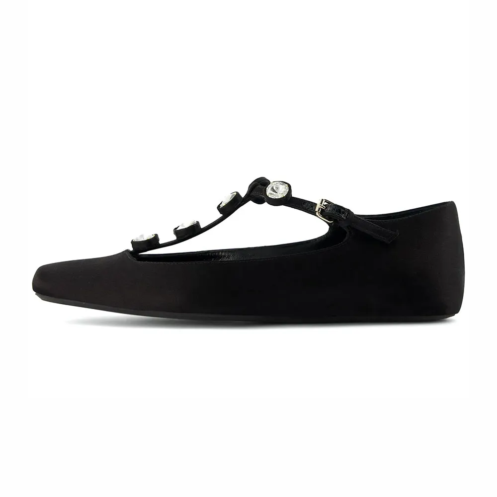 Black Satin Square Toe Rhinestone Ballet Flats with Buckle
