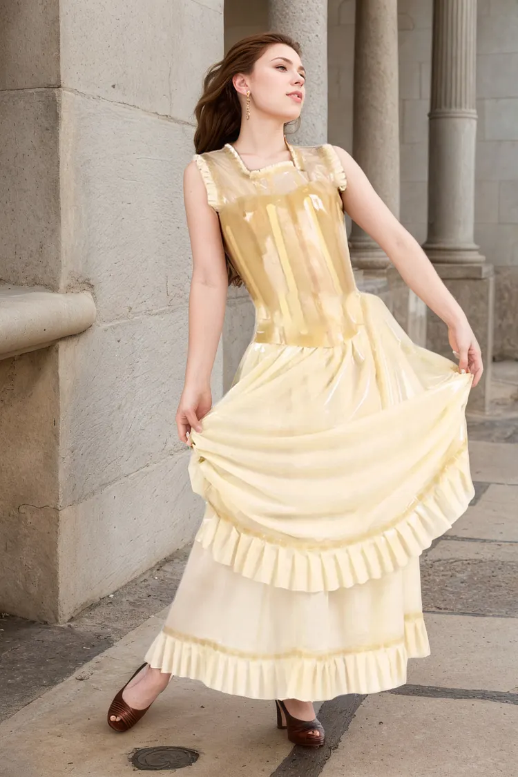 Women Latex Dress Double lace Corseted Yellow Black Gown 