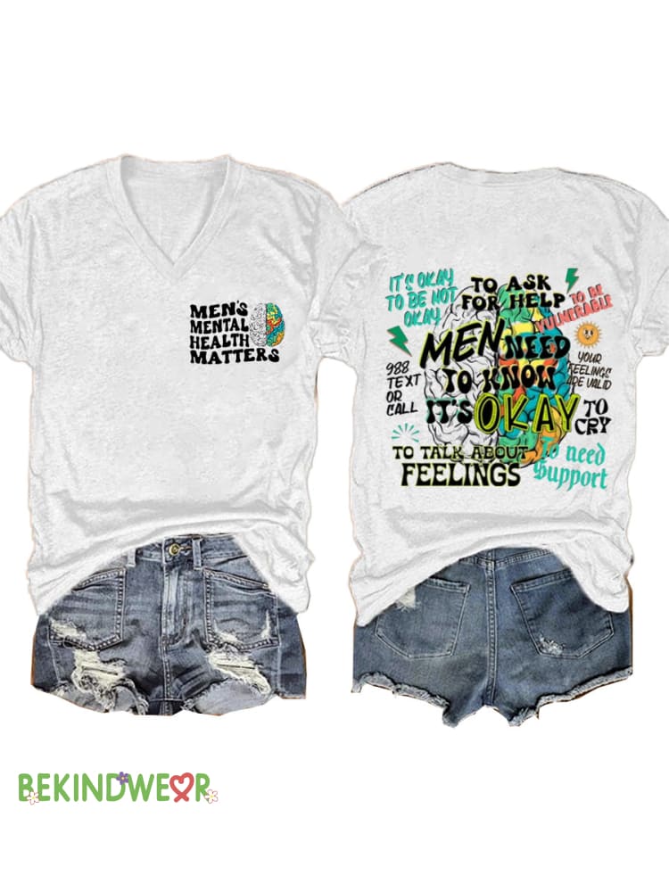 Men&rsquo;s Mental Health Matters Printed Casual V-Neck Short Sleeve T-Shirt White / S
