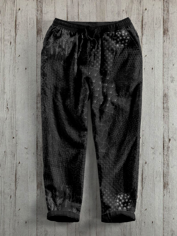 Japanese Traditional Sashiko Art Linen Blend Cozy Pants  artssus