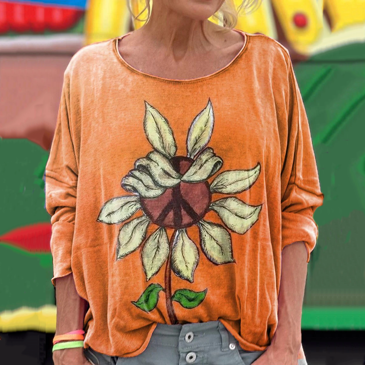 Women's Sunflower Hippie Vibe Print Long Sleeve T-Shirt artswardrobe