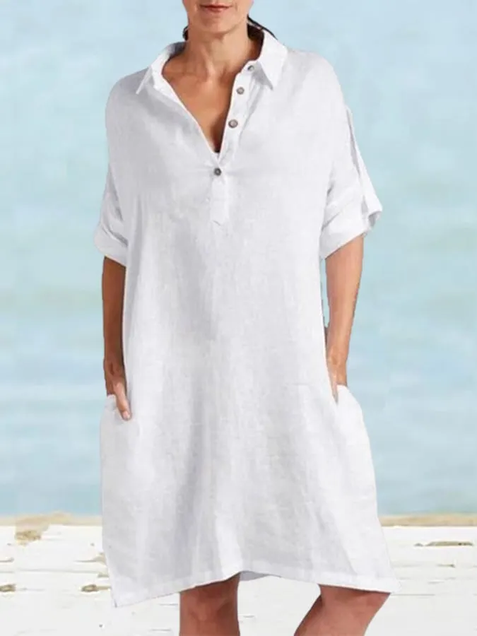 Women's Solid Color Lapel Button Casual Cotton Linen Skirt