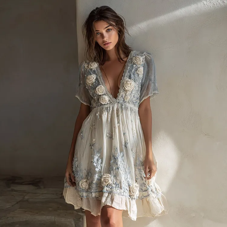 Women's Vintage White Rose Gradient Pattern Linen V-neck Dress