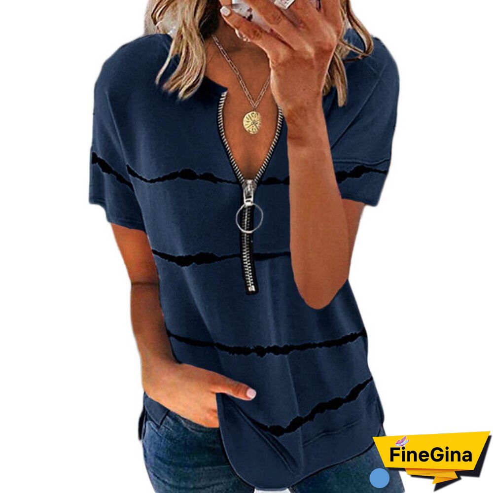 Women Stripe Print Tops Zipper V-neck Short Sleeve Tee Shirts Summer Casual Harajuku Loose Top Camisole Tops Streetwear D30