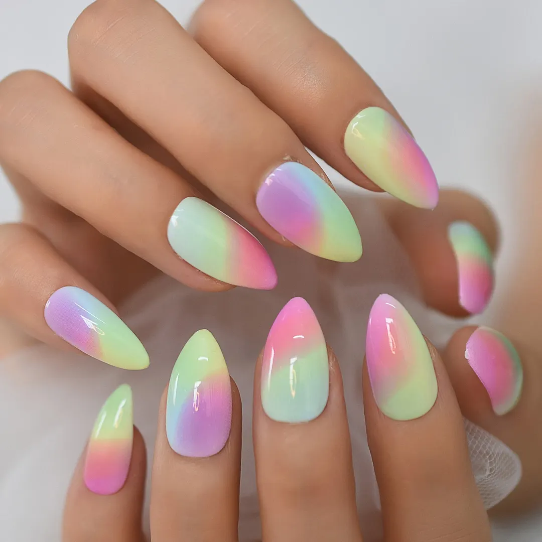 Long Almond White Flower Pattern Mixed Gel Tips Decoration Nails False Hand Dummy Stick On Nails Full Cover Nails-Nail Inspo