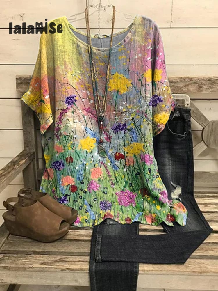 Women&rsquo;s Retro Elegant Floral Art Print Casual Top Multicolor / S