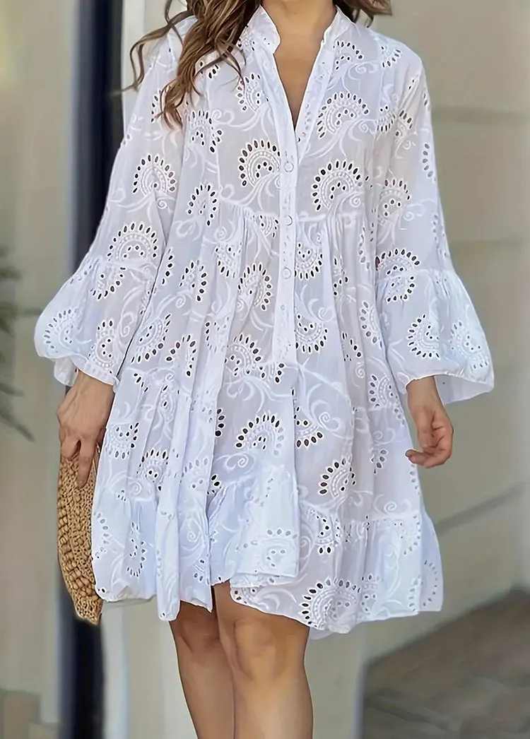 Vacation Button Front Long Sleeve Ruffle Hem Lace Dress