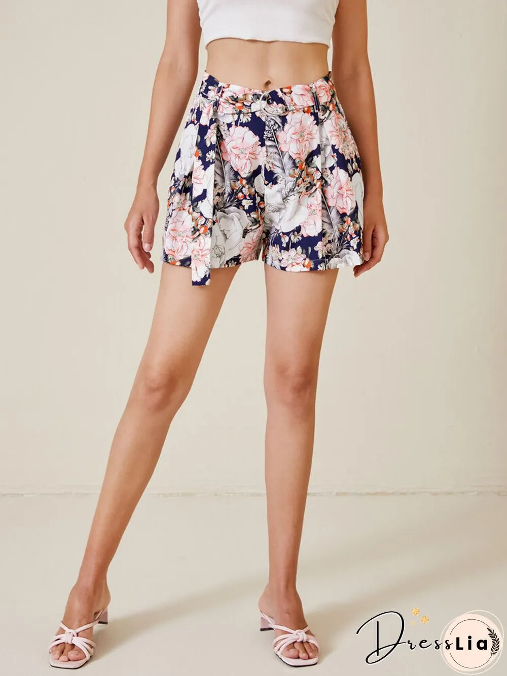 Flower Print Belt Pocket Wide Leg Shorts For Women