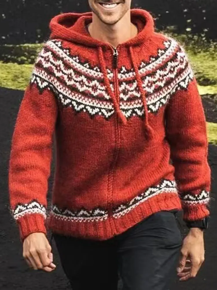 Graphics Red Iceland Jacquard Zipper Up Hooded Sweater