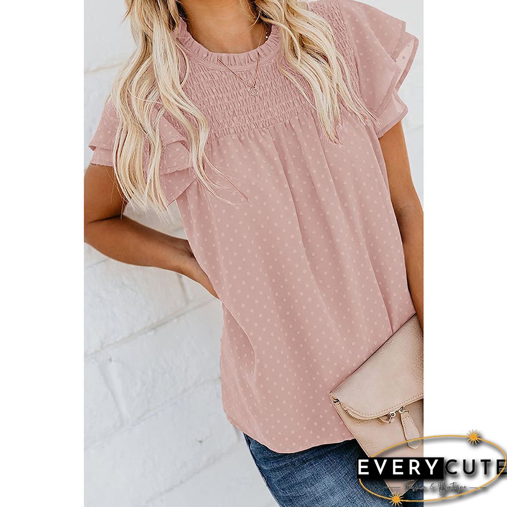 Pink Chiffon Jacquard Ruffle Sleeve Tees