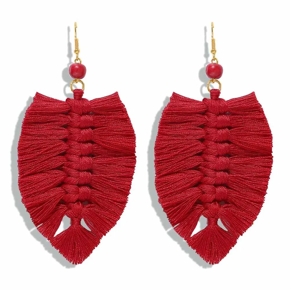 Dvacaman 2020 New Design Bohemian Leaf Shape Tassel Earrings For Women Fashion Weave Macrame Cotton Thread Earrings Drop Jewelry