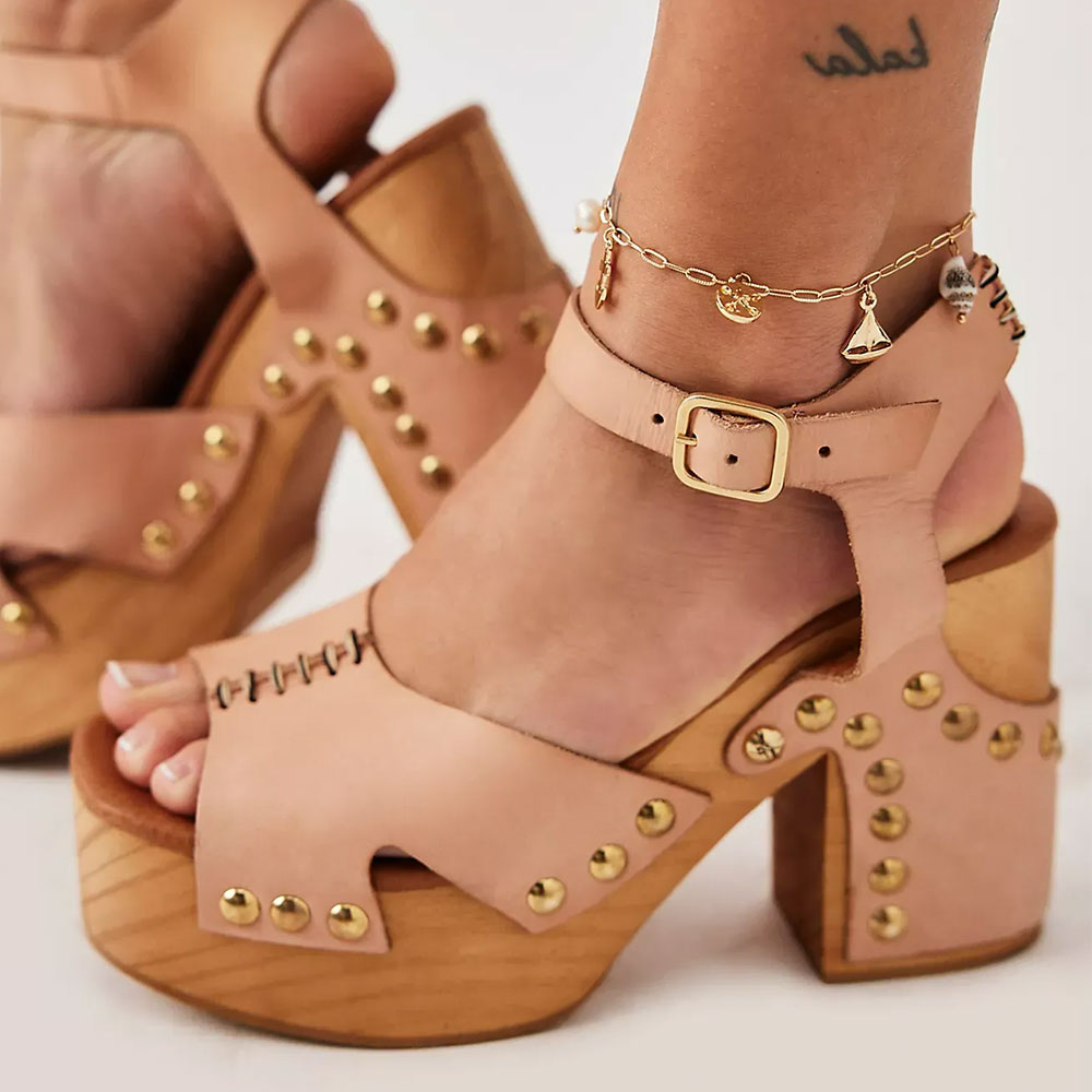 Nude Studded Open Square Toe Ankle Strap Clog Heels with Platform Nicepairs