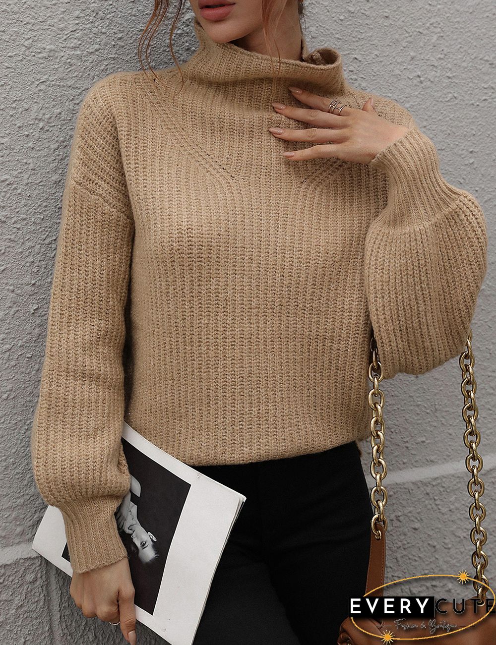 Khaki Solid Loose Style Turtleneck Sweater