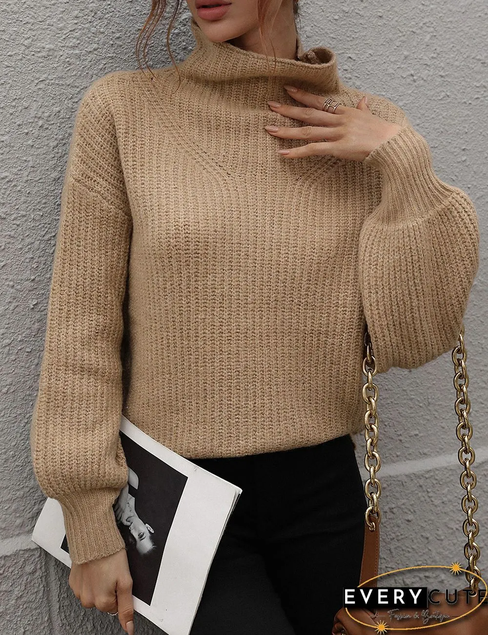 Khaki Solid Loose Style Turtleneck Sweater