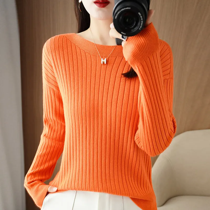 Churchf Churchf Round Collar Knit Women's Thin Early Spring And Autumn With A Sweater Long-Sleeve T-Shirt Wool Undershirt Loose.
