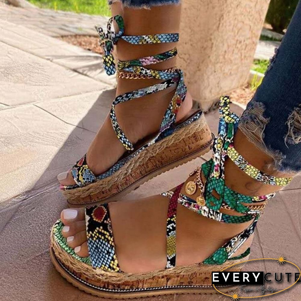 New Summer Women Snake Sandals Platform Heels Cross Strap Ankle Lace Peep Toe Beach Party Ladies Shoes Zapatos Sandals