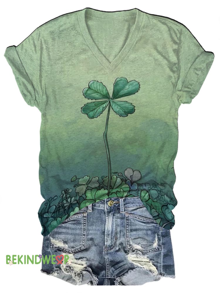 Lucky Clover Print Casual V-Neck Short Sleeve T-Shirt Multicolor / S