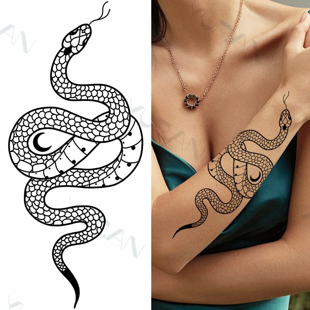 Black Large Snake Flower Fake Tattoo Sticker For Women Dot Rose Peony Temporary Tattoos DIY Water Transfer Tatoos Girls 530