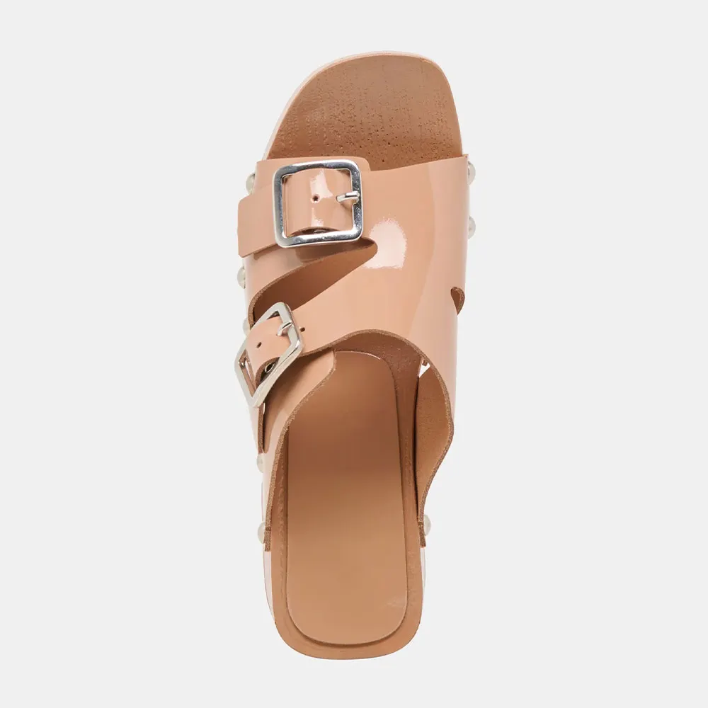 Square Toe Studded Mid Block Heel Buckled Nude Platform Mules