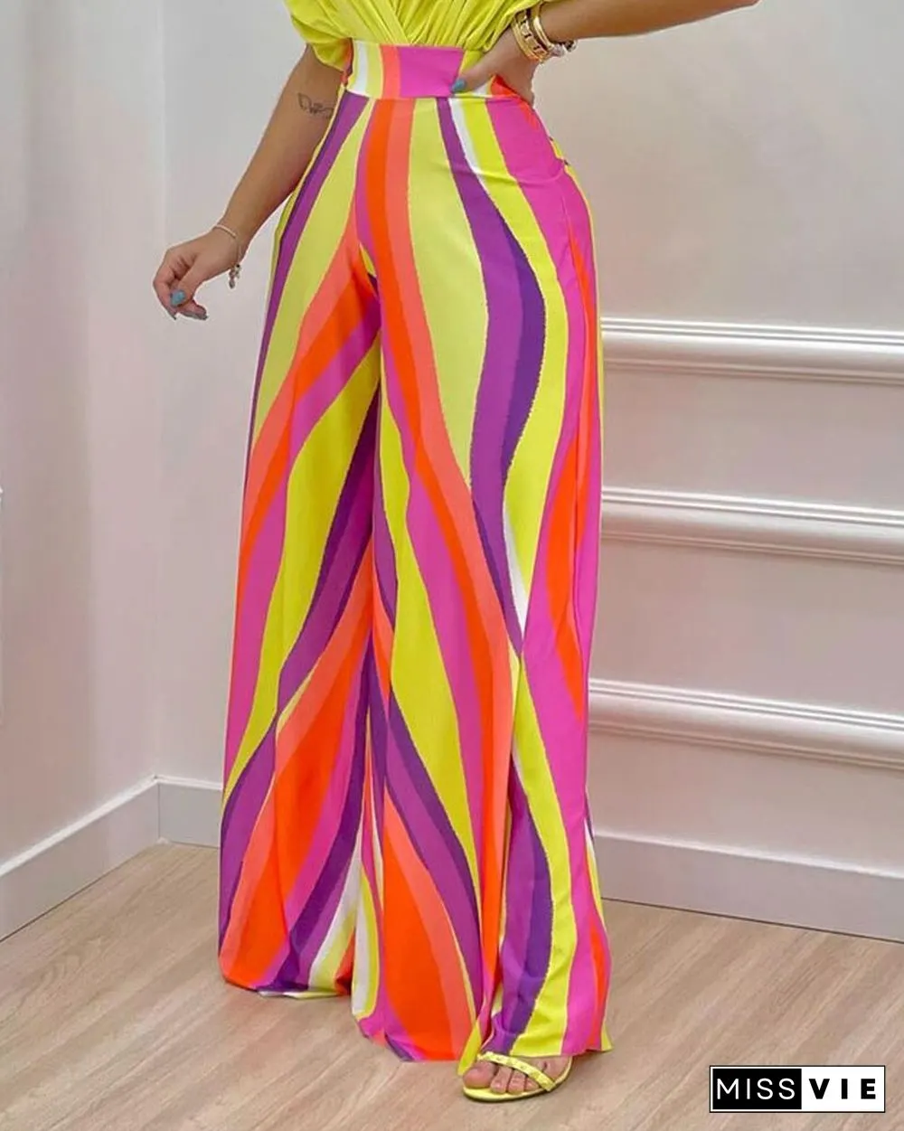 Batwing Sleeve Wrap Top & Allover Print Wide Leg Pants Set