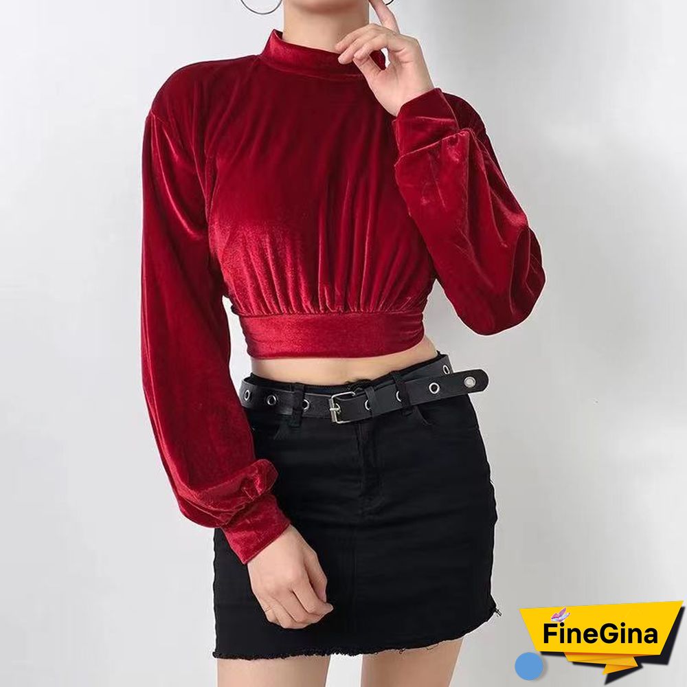 Elegant Turtleneck Velvet Crop Tops Women Autumn Solid Long Sleeve Sweatshirts Pullover Female Korean Fashion Streetwear