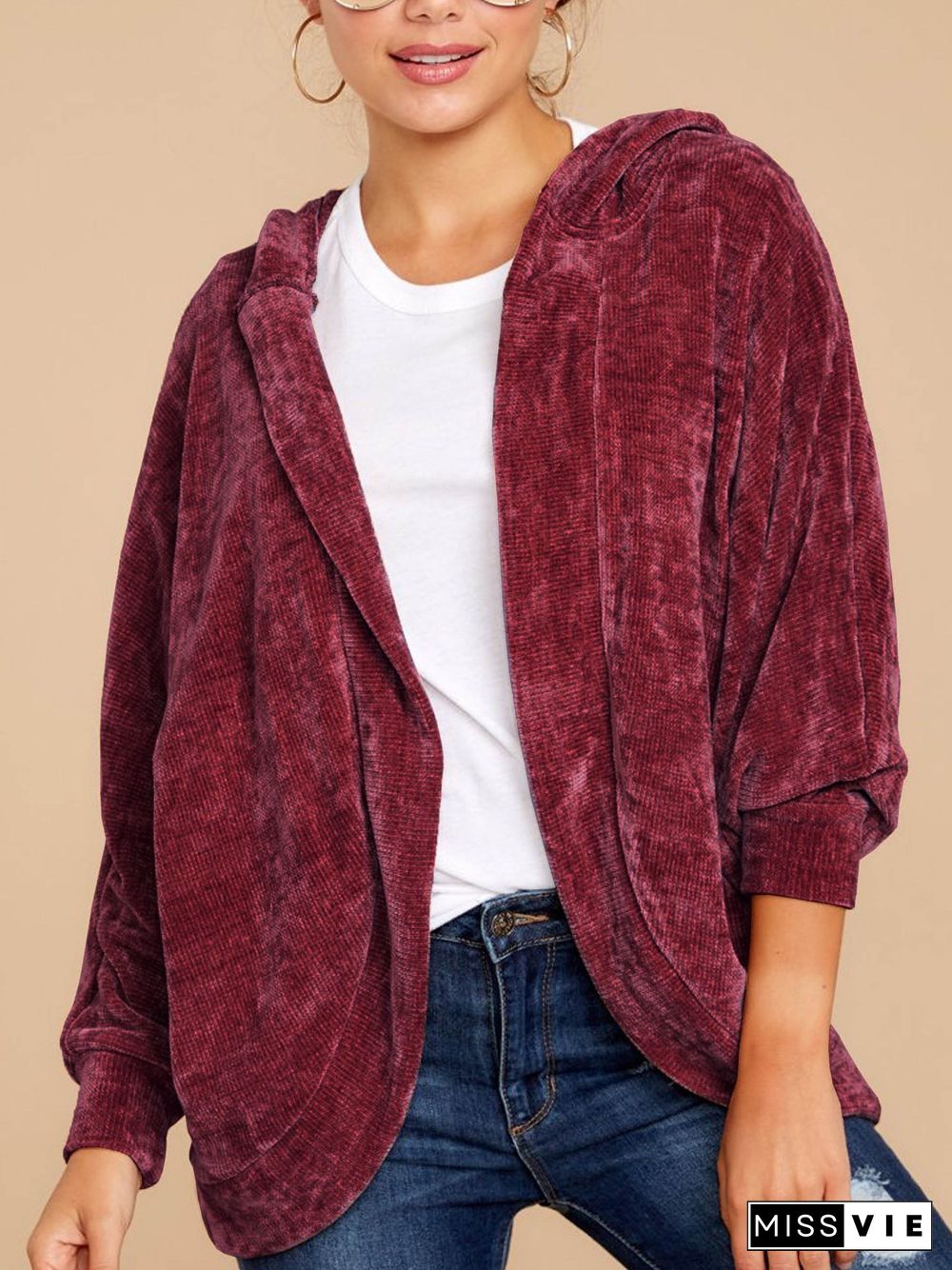 Thicken Plain Loose Velvet Coat With Hat