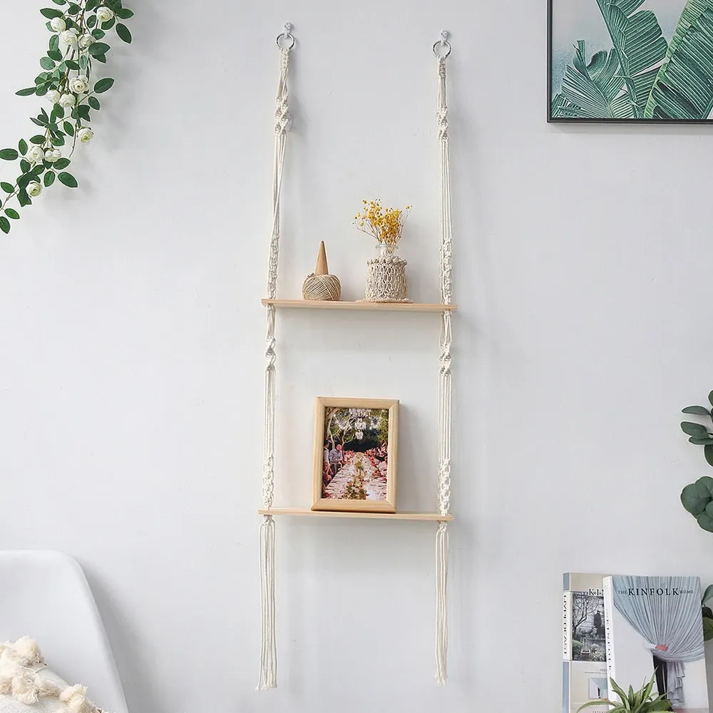 Double Layer Macrame Hanging Shelves Floating Shelf For Plants Boho Home Decor Wood Wall Shelves for Bedroom, Living Room