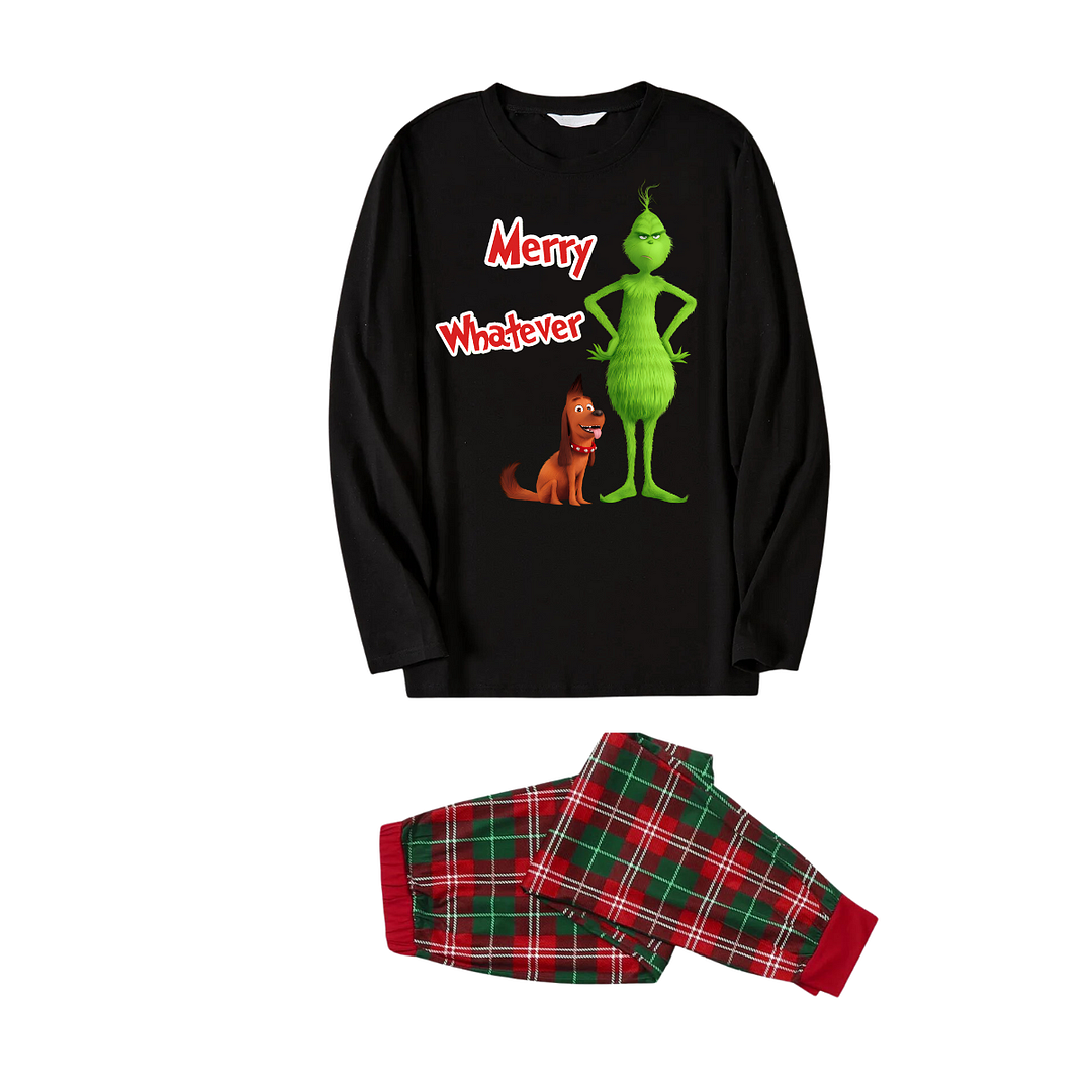 Cartoon Pattern and Christmas Slogan Printed Red and Green Plaid Family Matching Pajamas