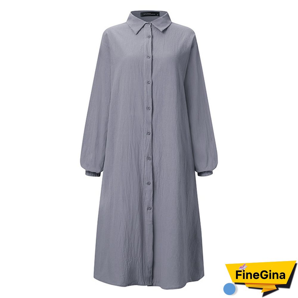 ZANZEA Women Spring Casual Baggy Linen Cotton V Neck Buttons Down Lapel Solid Mini Shirt Dress