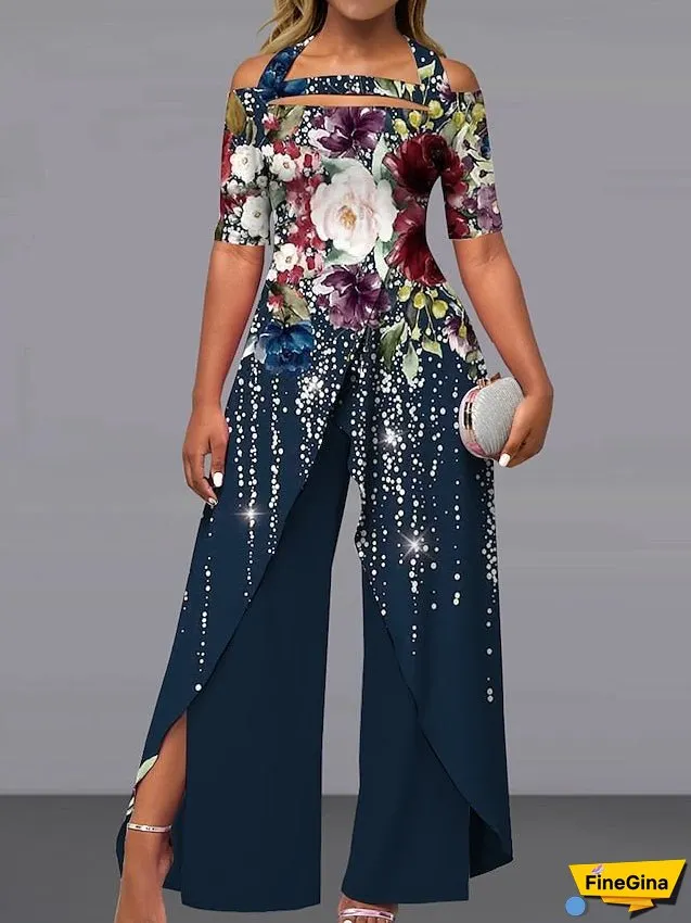 Women's Jumpsuit Print Floral Off Shoulder Elegant Party Wide Leg Regular Fit Short Sleeve Pink Navy Blue Royal Blue S M L Summer