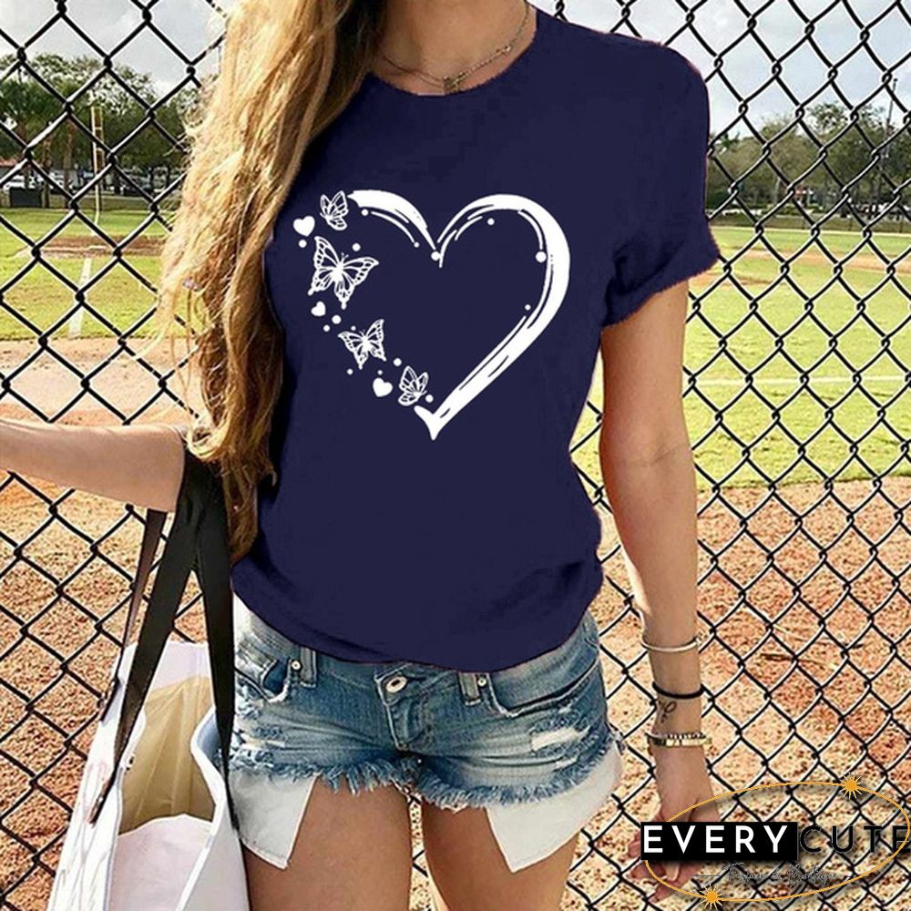 New Ladies Heart-shaped Print Short-sleeved T-shirt Fashion Round Neck T-shirt Womenu3002