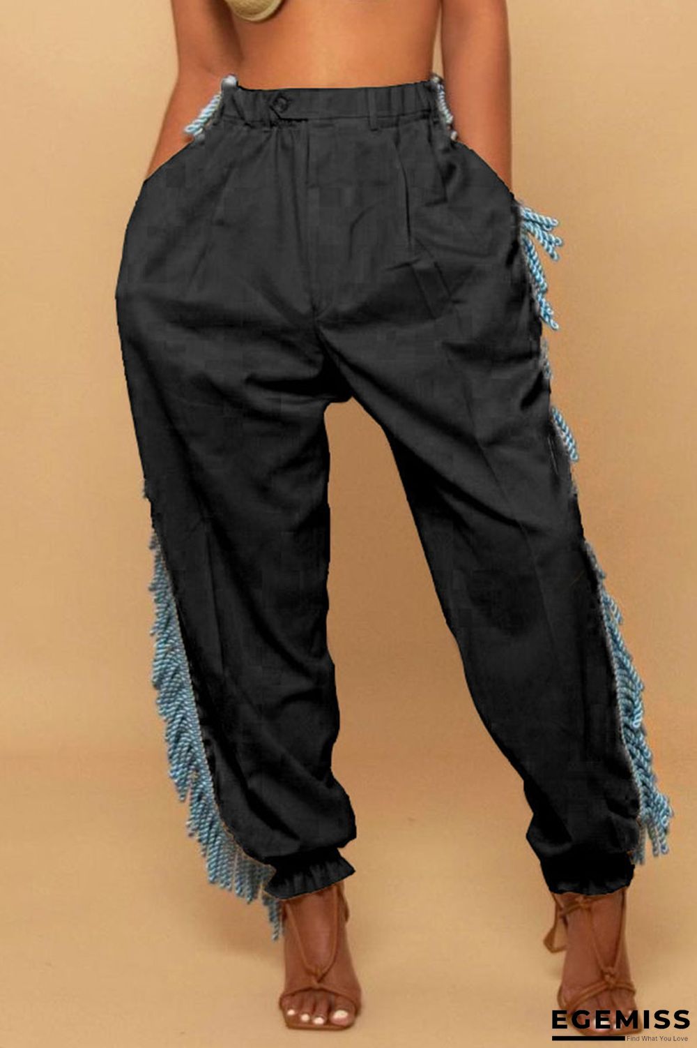 Black Casual Solid Tassel Patchwork Loose High Waist Pencil Solid Color Bottoms | EGEMISS