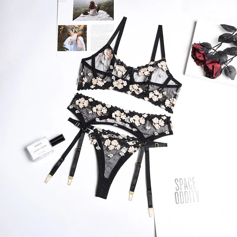 Yimunancy Lingerie Floral Embroidered Bra Set, 3-Piece Female Transparent Bra + Panties, Sexy Underwear, Underwear Set