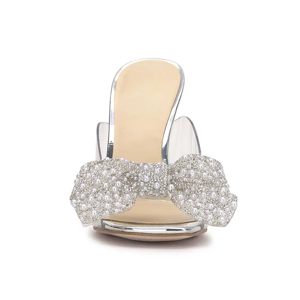 Silver Open Toe Pearls and Rhinestones Bow Clear Slide Sandals