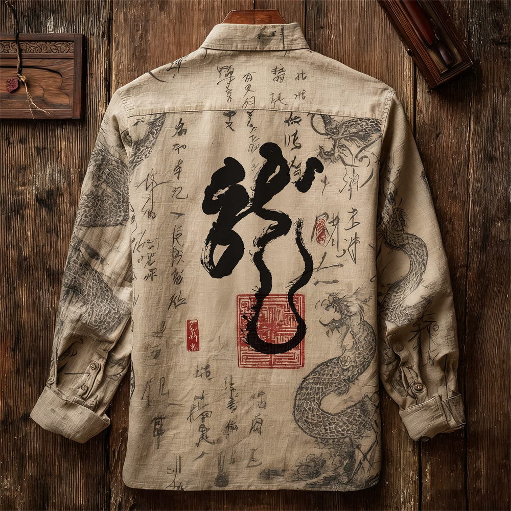 Japanese Zen-inspired Dragon Calligraphy Seal Men's Linen Long-sleeve Shirt