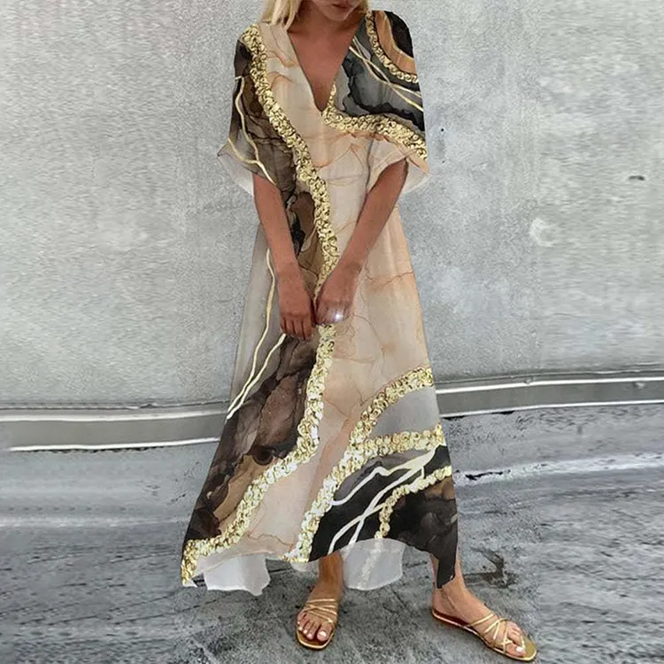 Marble Print V-Neck Half Sleeve Maxi Dress