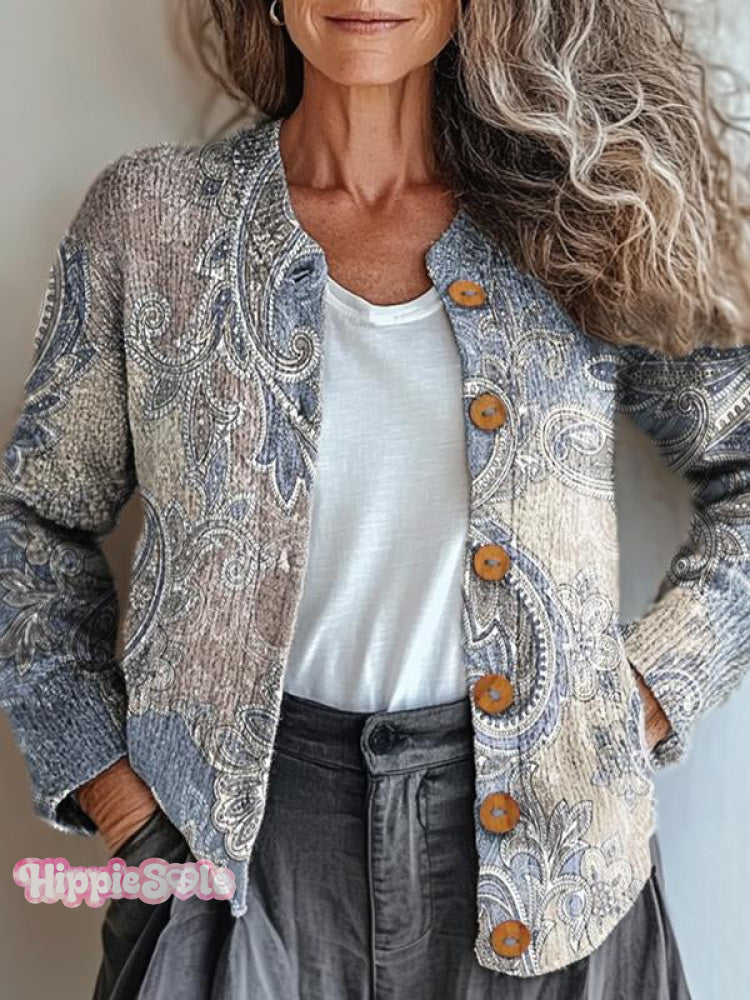 Women&rsquo;s Paisley Art Pattern Print Buttoned Cardigan Sweater Multicolor / S