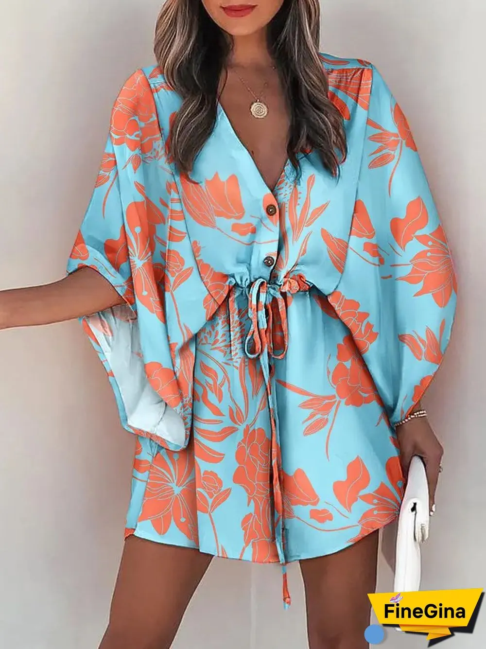 Summer Women's Fashion Holiday Dress Casual Print Flying Sleeve V-Neck Drawstring Mini Loose Dresses For Women Streetwear