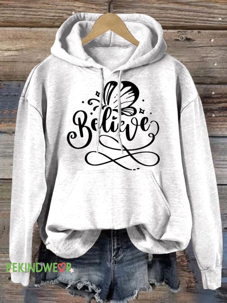 Butterfly Believe Printed Casual Hoodie White / S