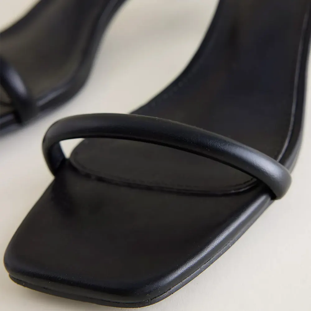 Black Open Square Toe Strappy Kitten Heel Slip-On Mules Sandals