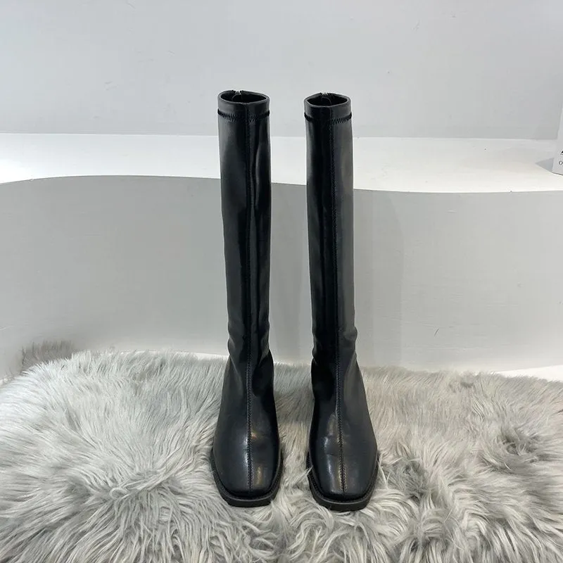 2021 INS New Women Knee Boots Lady Winter Designers Square Toe Shoes Thigh High Boots Female Fashion Leather Long Boots Casual