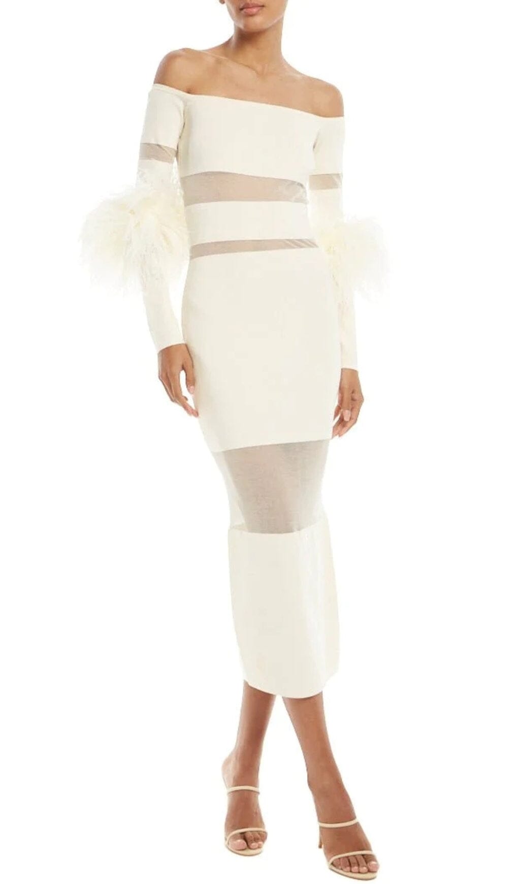 Bandage Off-Shoulder Feather Midi Dress In White Flowering Girl